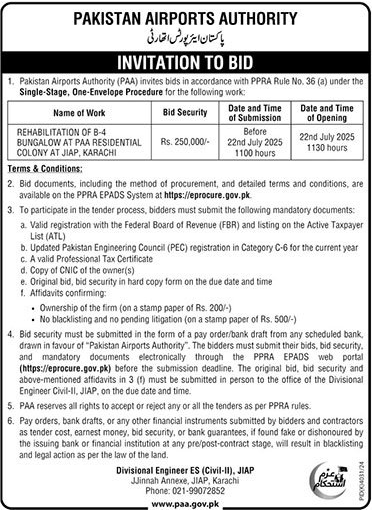 Pakistan Airport Authority Karachi Tender Notice